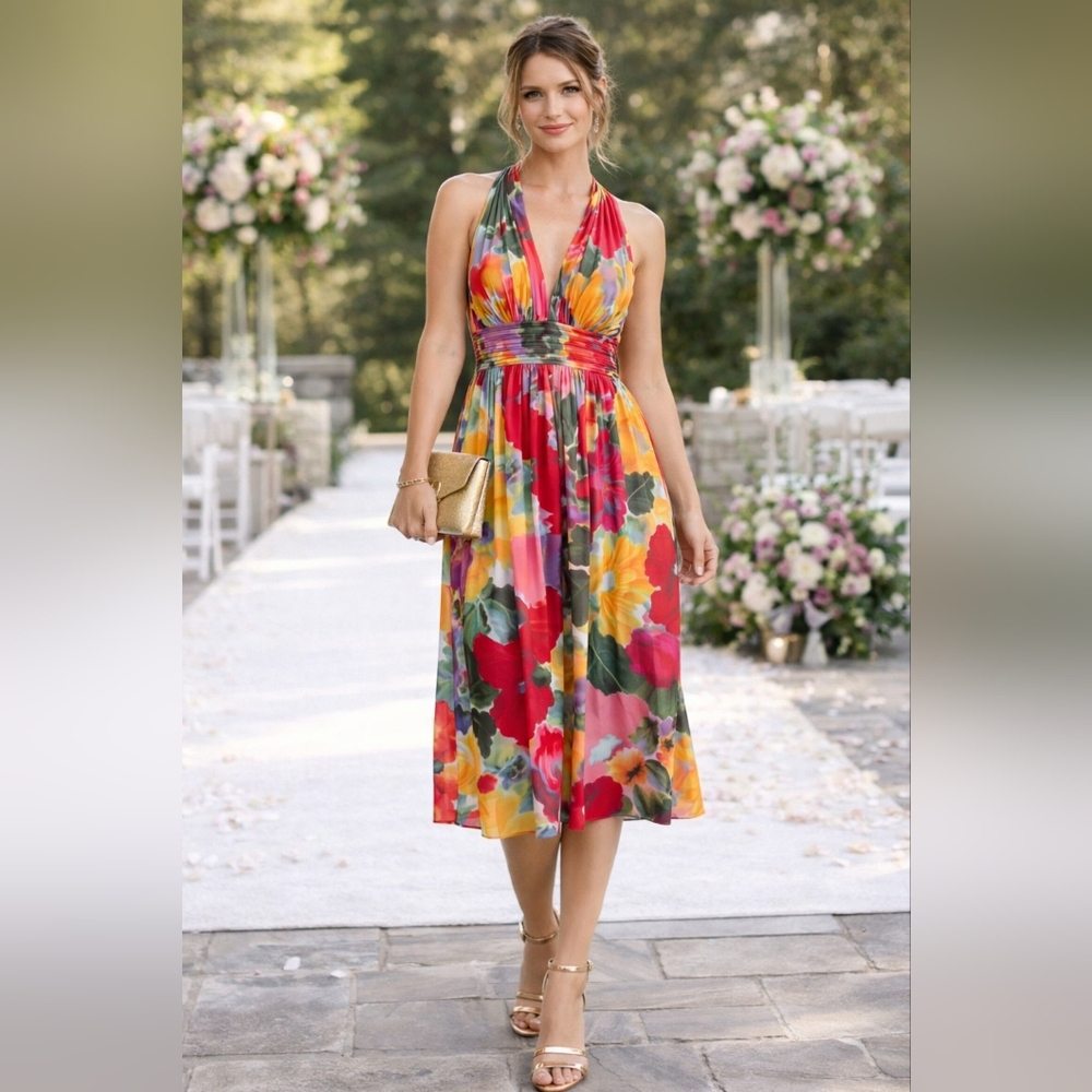 Calvin Klein Marilyn Style Watercolor Floral Midi Dress 10